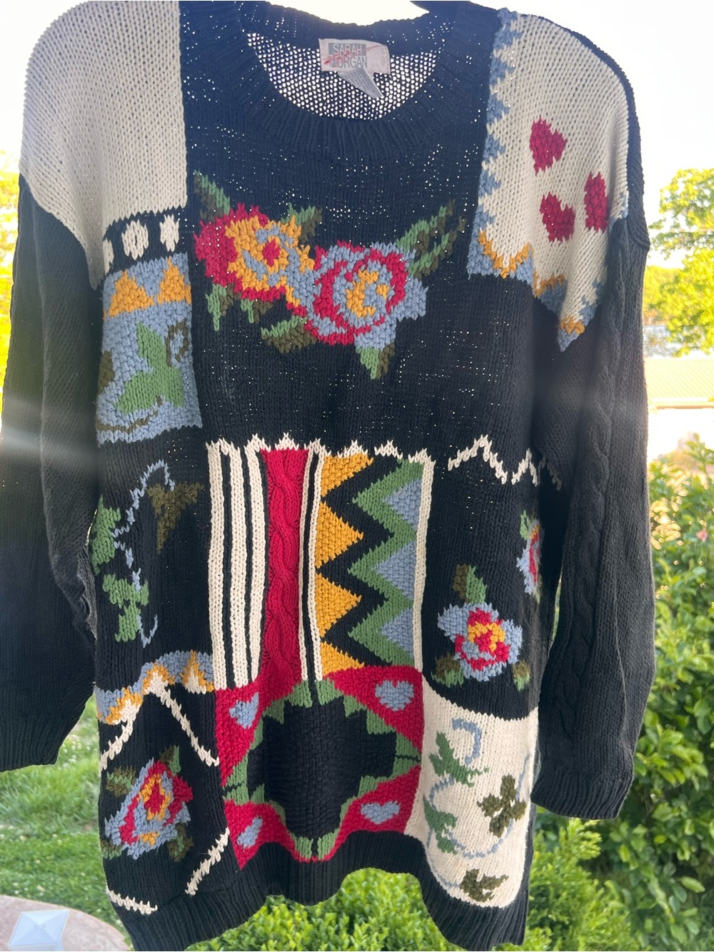 Sara Black Patchwork Floral Crewneck Sweater with Multicolor Accents